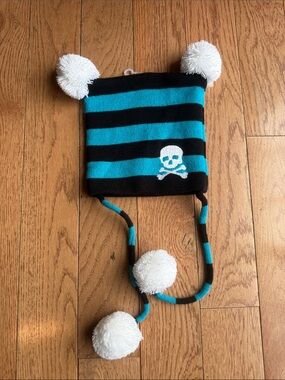 Sourpuss Black & Blue Striped Kids Pom-Pom Skull Hat